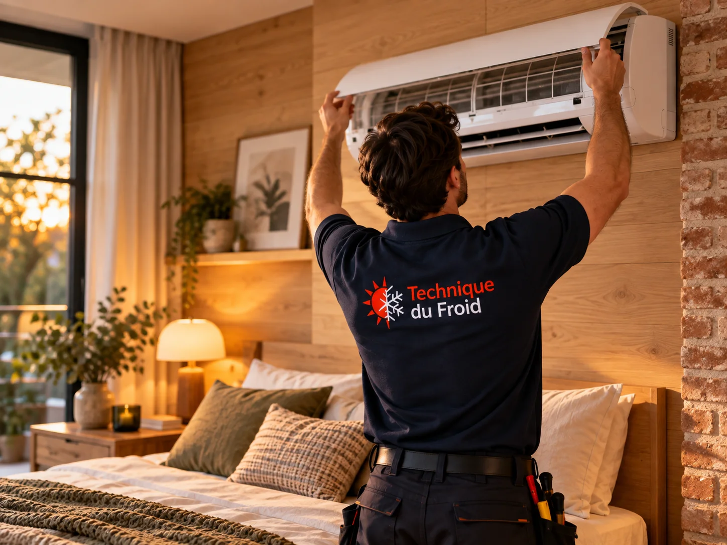 Technicien réalisant un entretien de climatisation